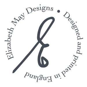 Elizabeth May Designs logo - A handwritten E circled by the words "Elizabeth May Designs - Designed and Printed in England