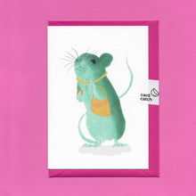 Load image into Gallery viewer, A stylised watercolour illustration on a greeting card of a teal coloured field mouse wearing a yellow beaded necklace and bracelet and holding a yellow handbag, with a bright pink envelope held together by an eco friendly plastic free card catch sticker, on a pink background
