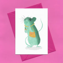 Load image into Gallery viewer, A stylised watercolour illustration on a greeting card of a teal coloured field mouse wearing a yellow beaded necklace and bracelet and holding a yellow handbag, with a bright pink envelope, on a pink background
