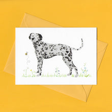 Load image into Gallery viewer, A stylised watercolour illustration on a luxury greeting card of a black and white Dalmatian dog amongst grass and wildflowers and a bee, with a bright yellow envelope, on a yellow background
