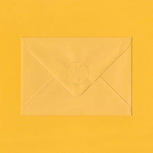 Load image into Gallery viewer, A bright yellow envelope, the flap embossed with the Elizabeth May Designs logo, on a yellow background
