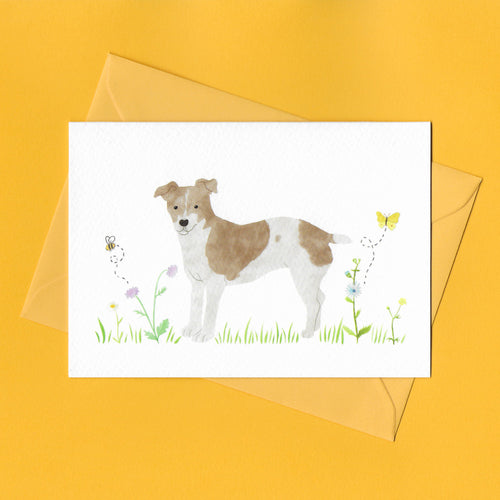 A stylised watercolour illustration on a luxury greeting card of a tan and white jack Russell terrier dog amongst grass and wildflowers and a bee and butterfly, with a bright yellow envelope, on a yellow background