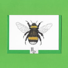 Load image into Gallery viewer, A detailed colour illustration on a luxury greeting card of a yellow and black bumblebee with iridescent wings, with a bright green envelope held together with an eco friendly plastic free card catch sticker, sitting on a green background
