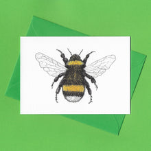 Load image into Gallery viewer, A detailed colour illustration on a greeting card of a yellow and black bumblebee with iridescent wings, with a bright green envelope, sitting on a green background
