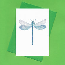 Load image into Gallery viewer, A detailed colour illustration on a greeting card of a blue iridescent dragonfly, with a bright green envelope, sitting on a green background
