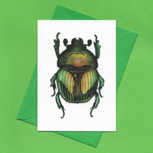 Load image into Gallery viewer, A detailed colour illustration on a luxury greeting card of a green iridescent beetle, with a bright green envelope, sitting on a green background
