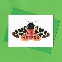 Load image into Gallery viewer, A detailed colour illustration on a greeting card of an orange, brown and cream tiger moth, with a bright green envelope, sitting on a green background
