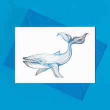 Load image into Gallery viewer, A detailed colour illustration on a luxury greeting card of a blue coloured whale, with a kingfisher blue envelope, sitting on a blue background
