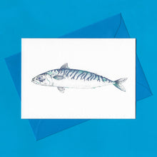 Load image into Gallery viewer, A detailed colour illustration on a luxury greeting card of a blue coloured mackerel fish, with a kingfisher blue envelope, sitting on a blue background
