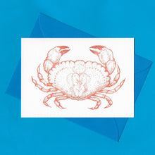 Load image into Gallery viewer, A detailed colour illustration on a luxury greeting card of an orange coloured crab, with a kingfisher blue envelope, sitting on a blue background
