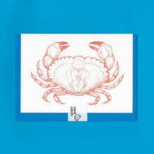 Load image into Gallery viewer, A detailed colour illustration on a luxury greeting card of an orange coloured crab, with a kingfisher blue envelope held together with an eco friendly plastic free card catch sticker, sitting on a blue background
