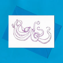 Load image into Gallery viewer, A detailed colour illustration on a luxury greeting card of a purple coloured octopus, with a kingfisher blue envelope, sitting on a blue background
