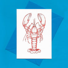 Load image into Gallery viewer, A detailed colour illustration on a luxury greeting card of a red coloured lobster, with a kingfisher blue envelope, sitting on a blue background
