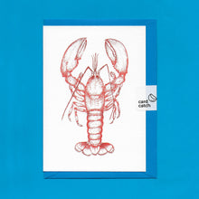 Load image into Gallery viewer, A detailed colour illustration on a luxury greeting card of a red coloured lobster, with a kingfisher blue envelope held together with an eco friendly plastic free card catch sticker, sitting on a blue background
