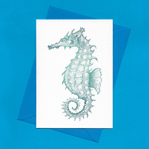 A detailed colour illustration on a luxury greeting card of a teal coloured seahorse, with a kingfisher blue envelope, sitting on a blue background